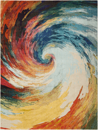 Abstract swirl rug with bright reds, yellows and blues in a circular pattern; modern area rug, 8' x 11'.
