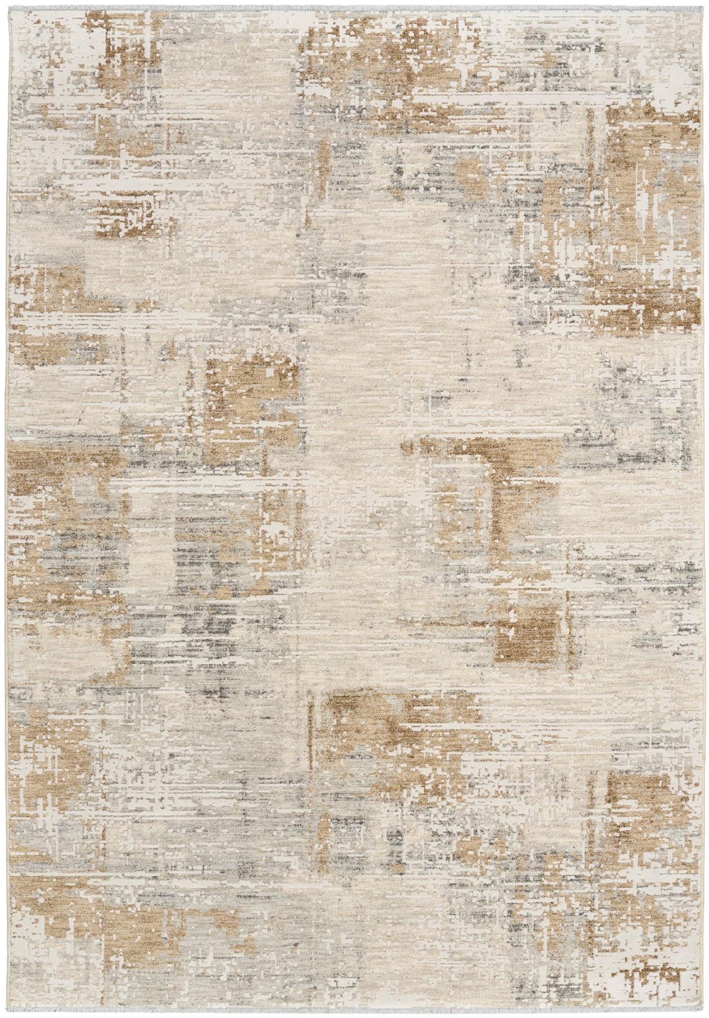 Abstract distressed beige and taupe area rug with gray accents; rectangular, modern contemporary style.