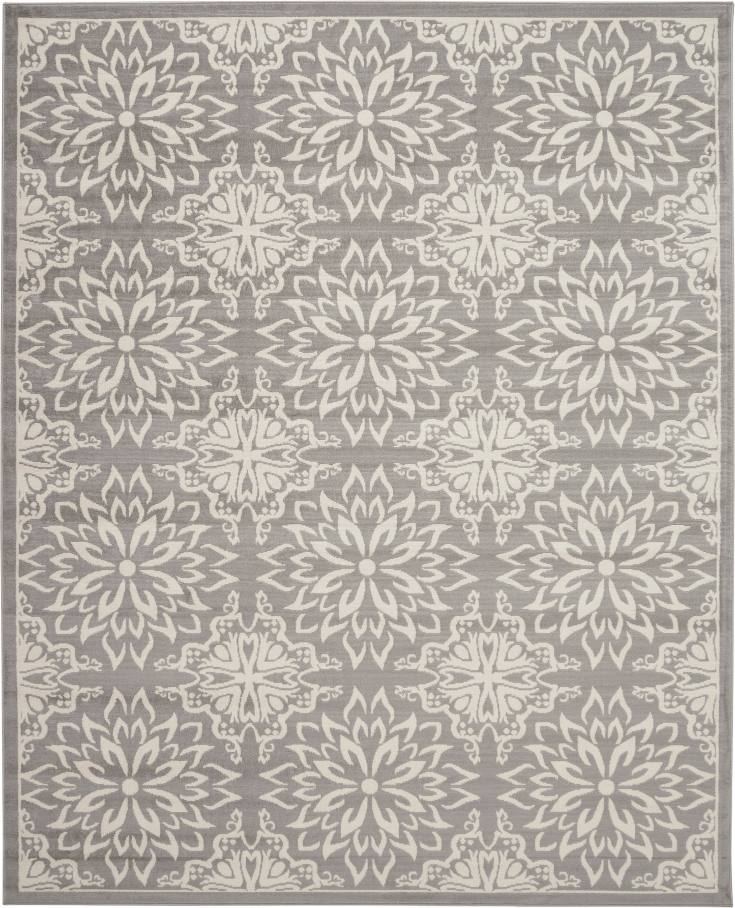 Gray area rug featuring repeating ivory mandala floral medallions and a bordered edge.