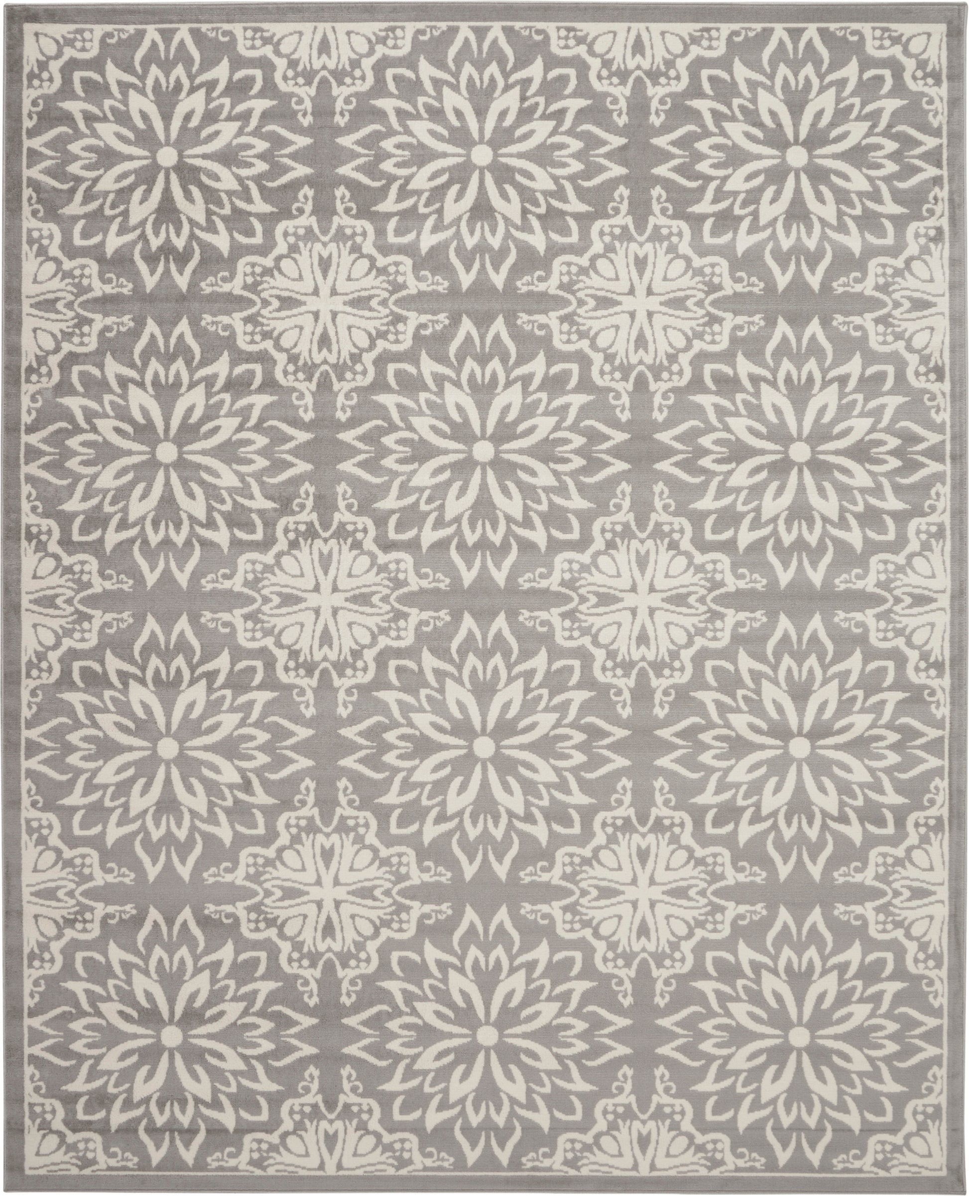 Gray area rug featuring repeating ivory mandala floral medallions and a bordered edge.