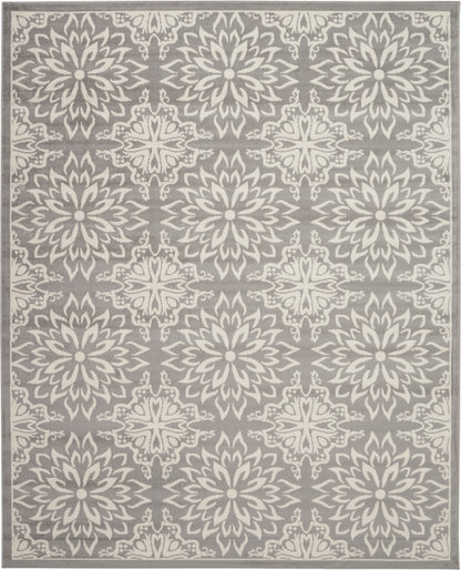 Gray area rug featuring repeating ivory mandala floral medallions and a bordered edge.