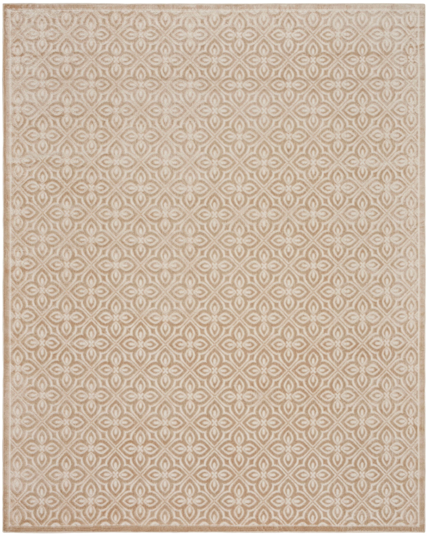 Beige area rug with a repeating cream geometric lattice pattern, woven texture, subtle border, neutral contemporary style.