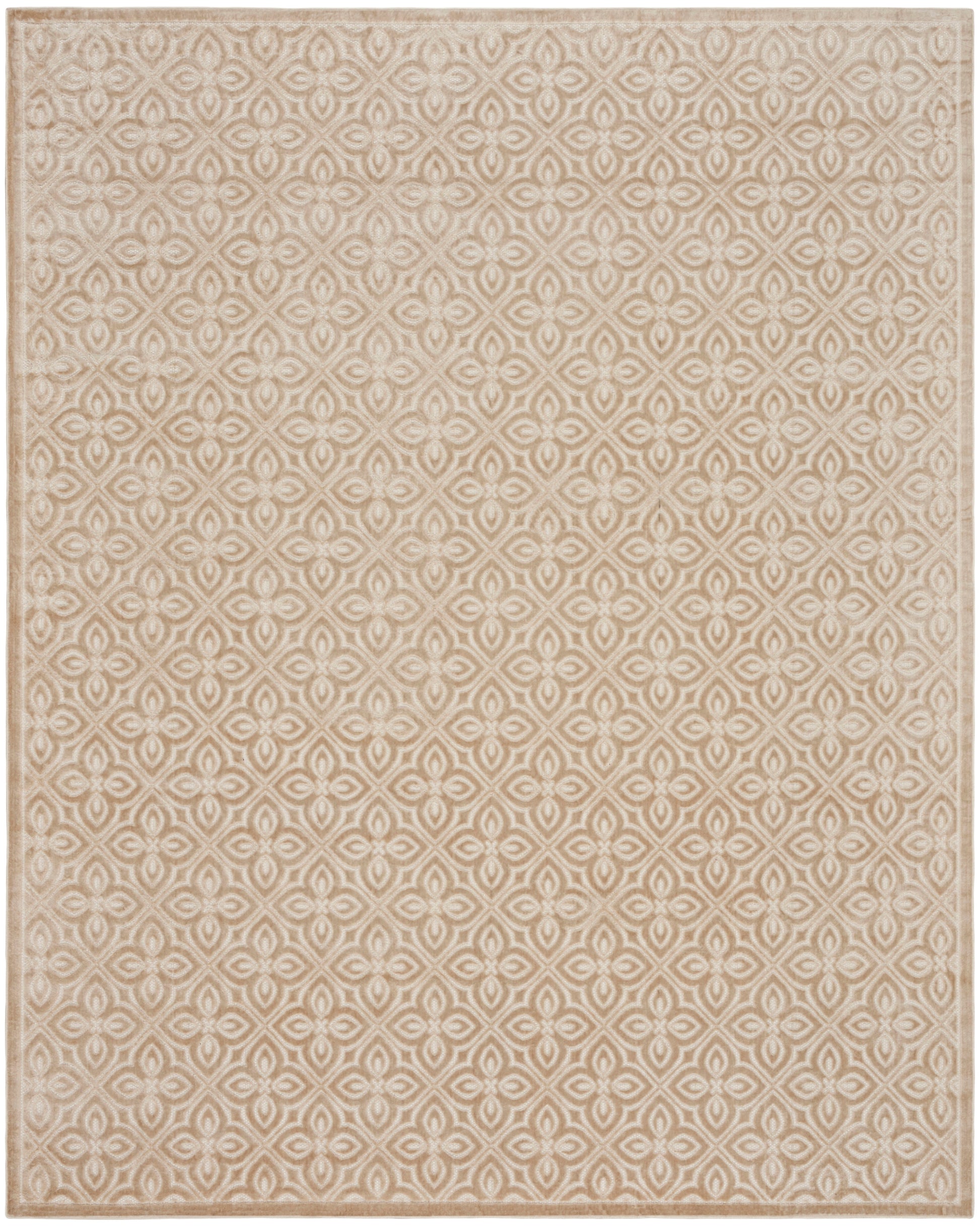Beige area rug with a repeating cream geometric lattice pattern, woven texture, subtle border, neutral contemporary style.