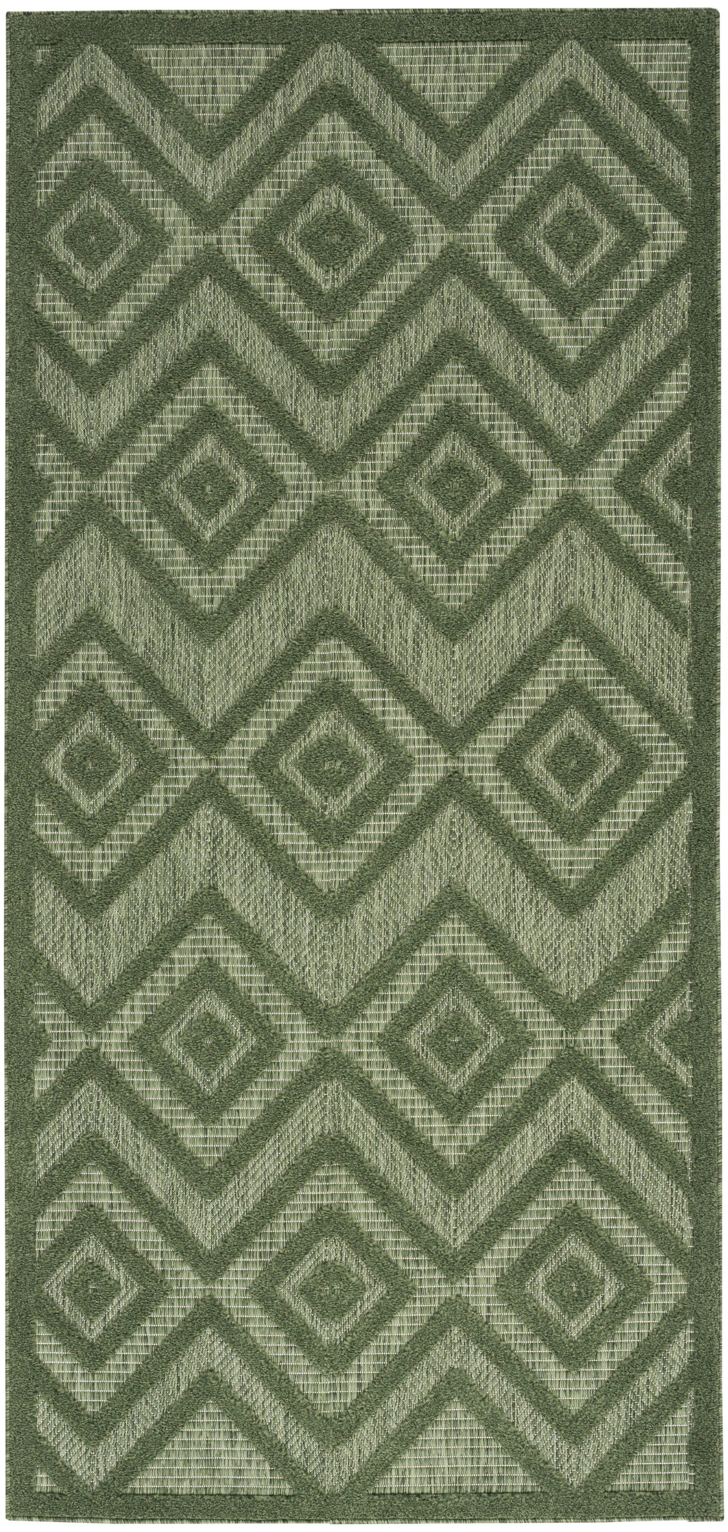 Olive and sage green geometric rug with nested diamonds and chevrons; woven textured rectangular area rug.