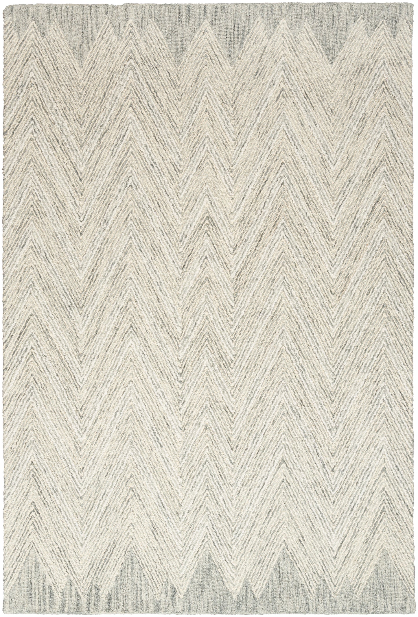 Ivory and gray chevron rug with textured woven pile and subtle zigzag pattern.