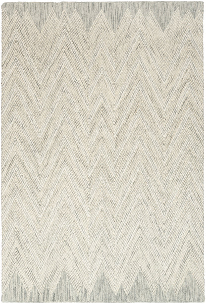 Ivory and gray chevron rug with textured woven pile and subtle zigzag pattern.
