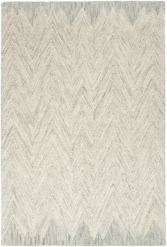 Ivory and gray chevron rug with textured woven pile and subtle zigzag pattern.