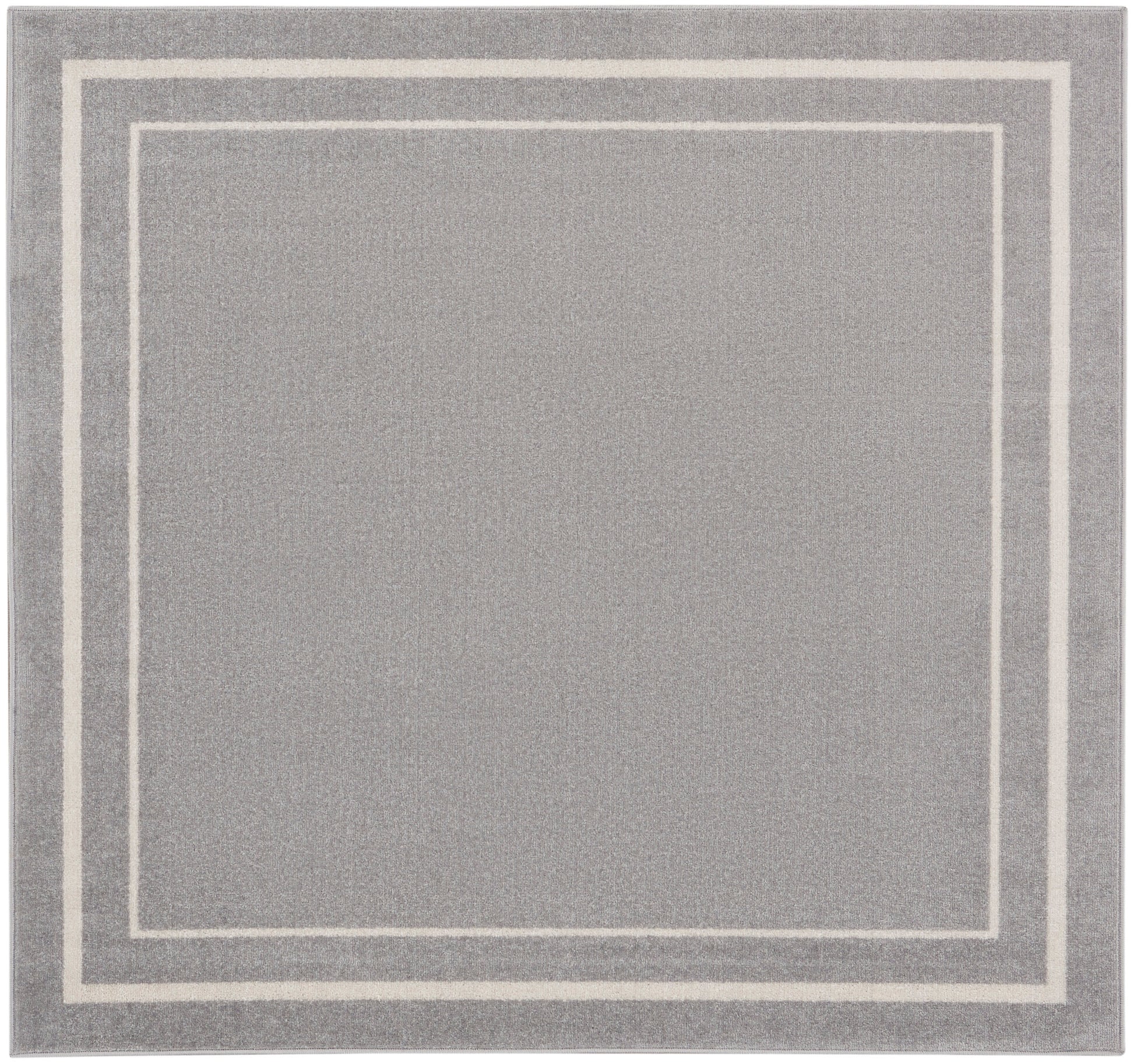 Gray rug with cream nested square borders; modern minimalist style, soft textured pile.