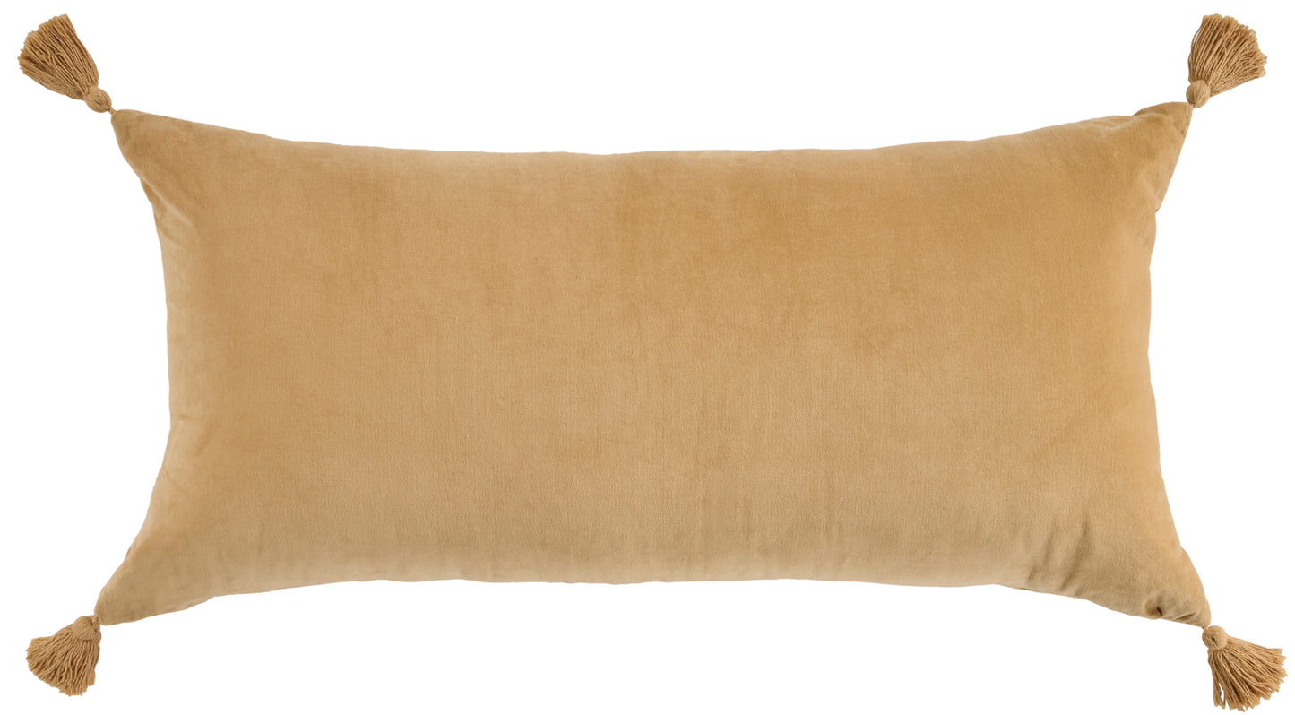 Rectangular golden-tan velvet throw pillow with tassels at each corner.