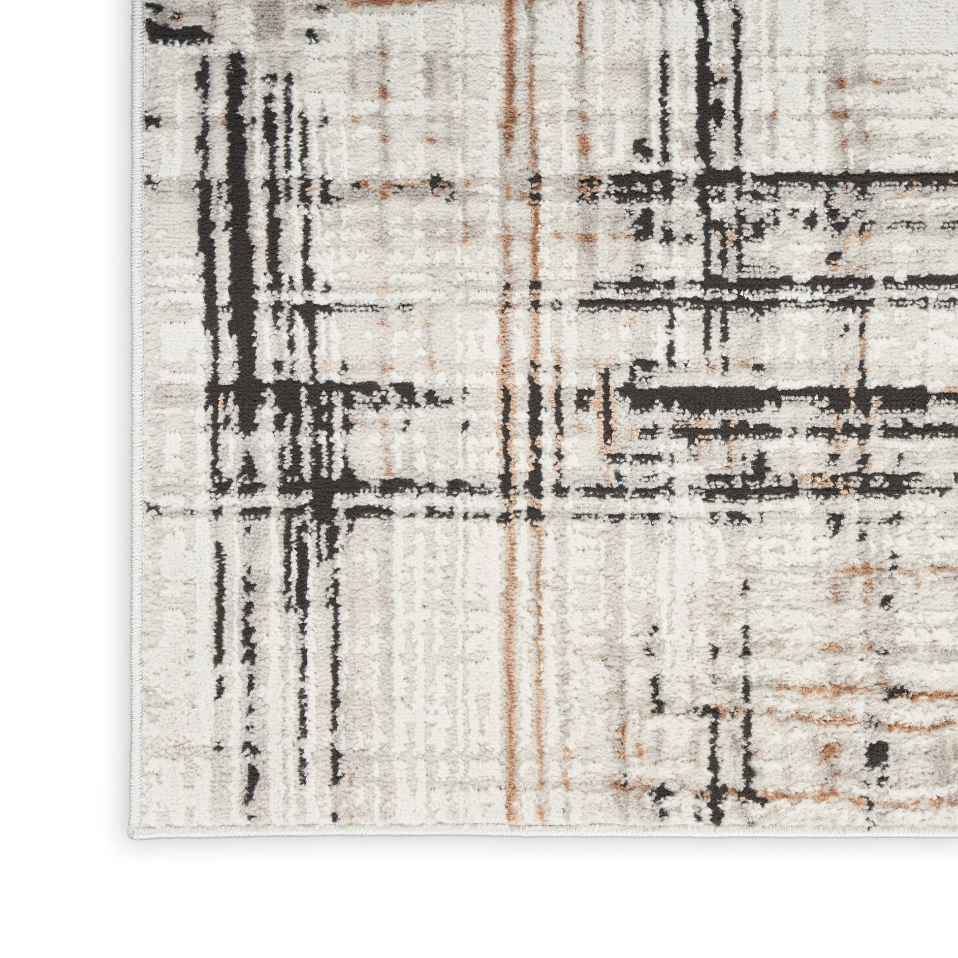 Rectangular abstract area rug in cream with black and rust grid lines; modern, textured look, medium pile.