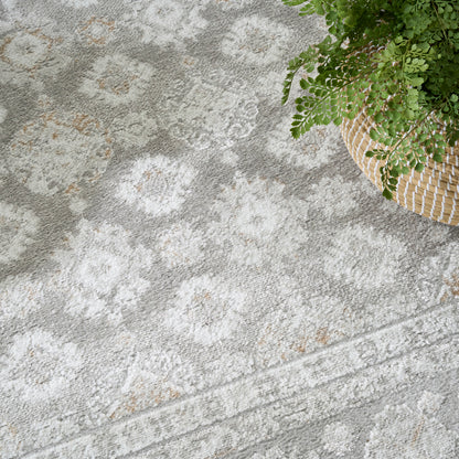 Gray plush area rug with white damask floral pattern and tan specks; basket with green plant in corner.