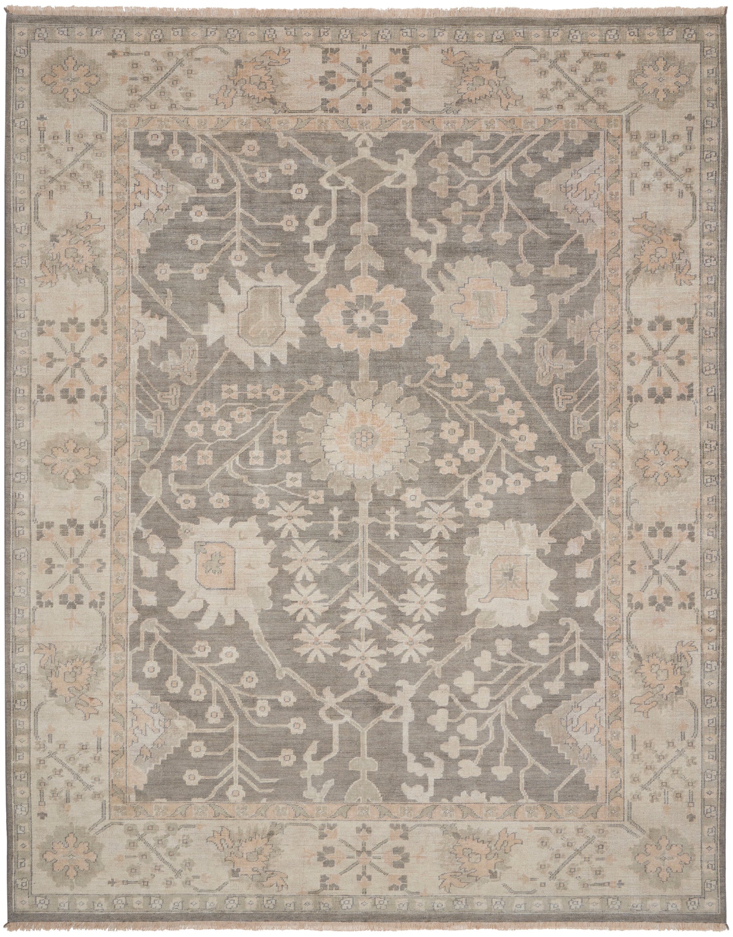 Rectangular oriental-inspired area rug with gray-blue center, ivory floral motifs, and beige border; Persian pattern.