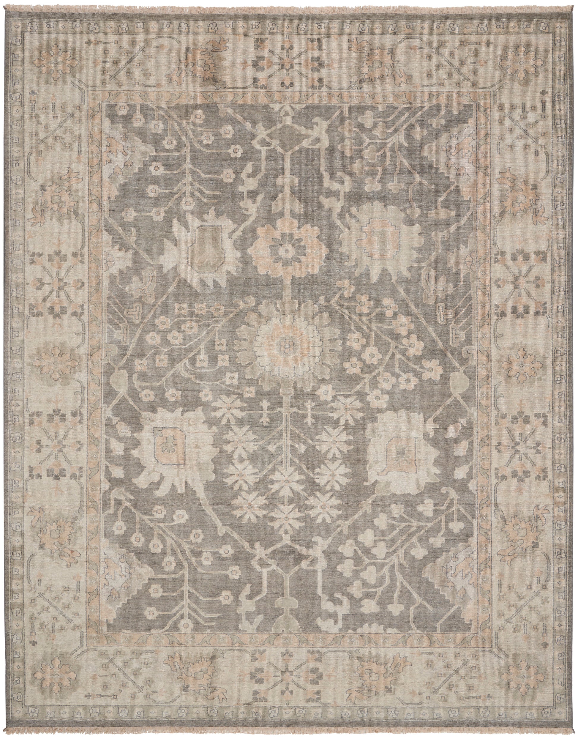 Rectangular oriental-inspired area rug with gray-blue center, ivory floral motifs, and beige border; Persian pattern.