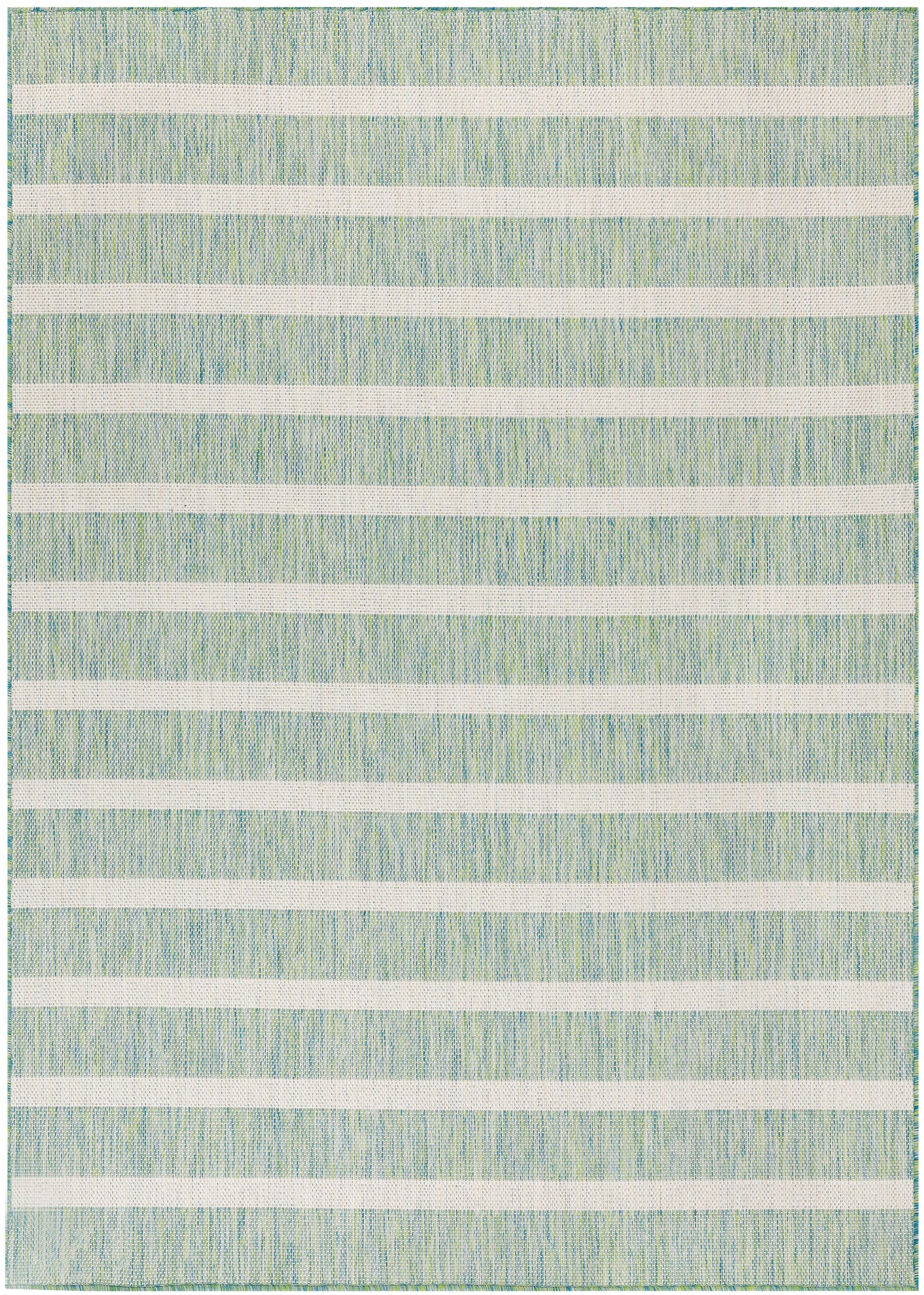 Rectangular woven rug with cream horizontal bands and teal-blue textured stripes; coastal modern area rug.