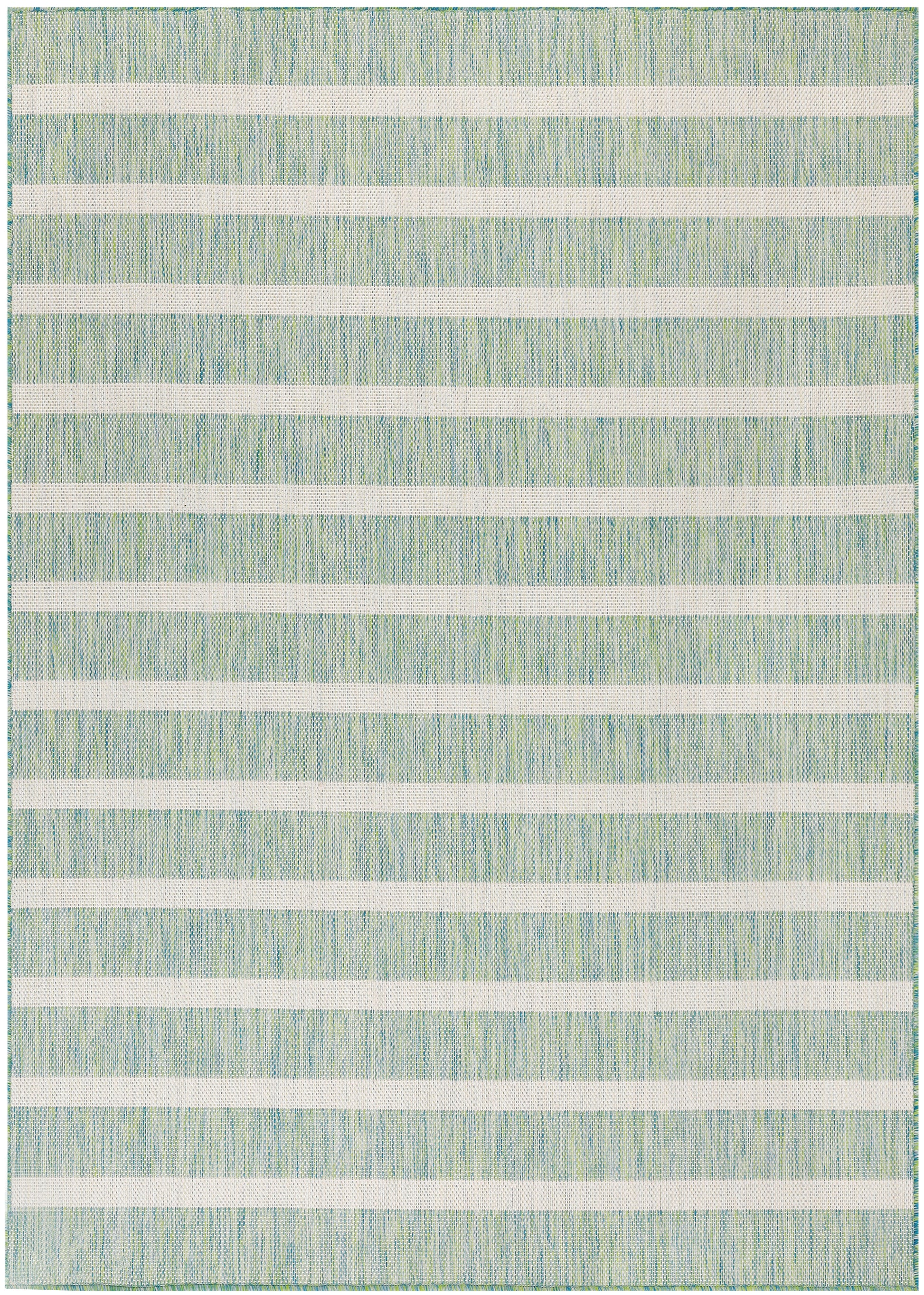 Rectangular woven rug with cream horizontal bands and teal-blue textured stripes; coastal modern area rug.