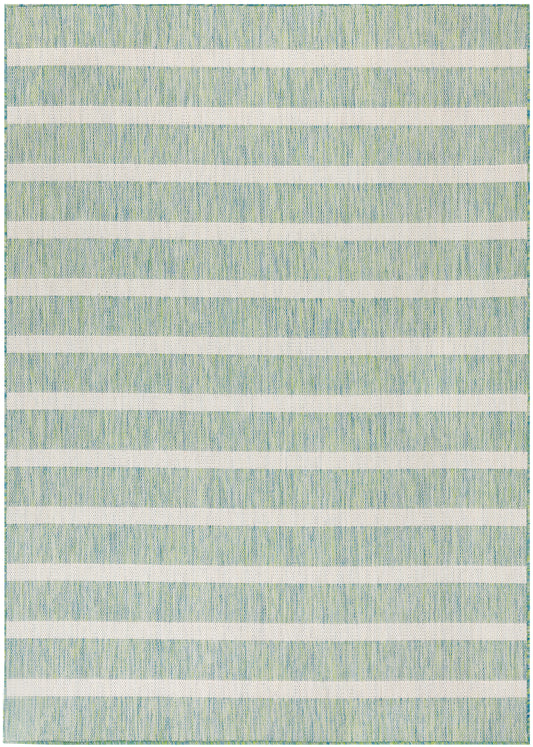 Rectangular woven rug with cream horizontal bands and teal-blue textured stripes; coastal modern area rug.