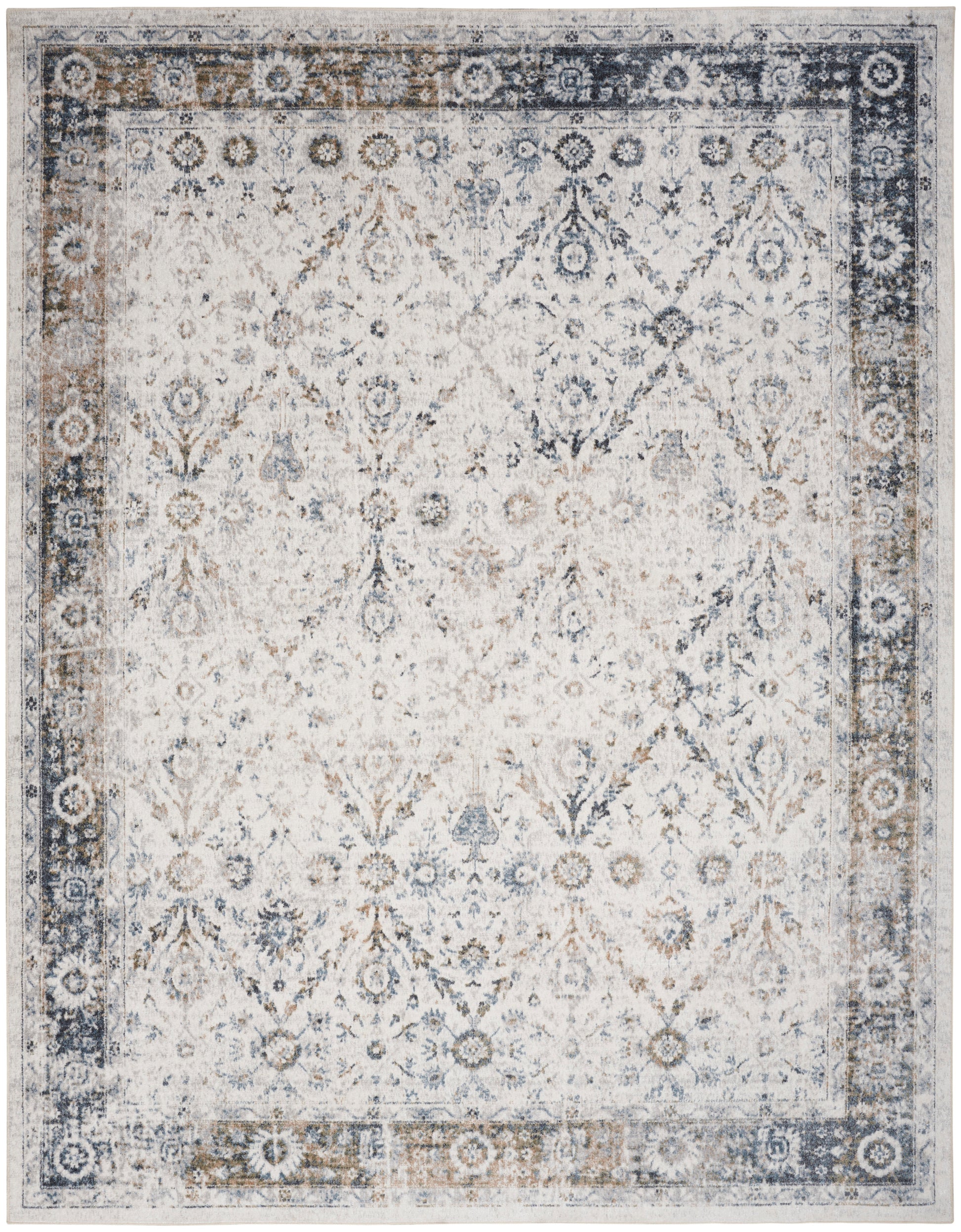 Ivory center rug with a blue-gray distressed border and faded floral diamond pattern; vintage-inspired, rectangular.