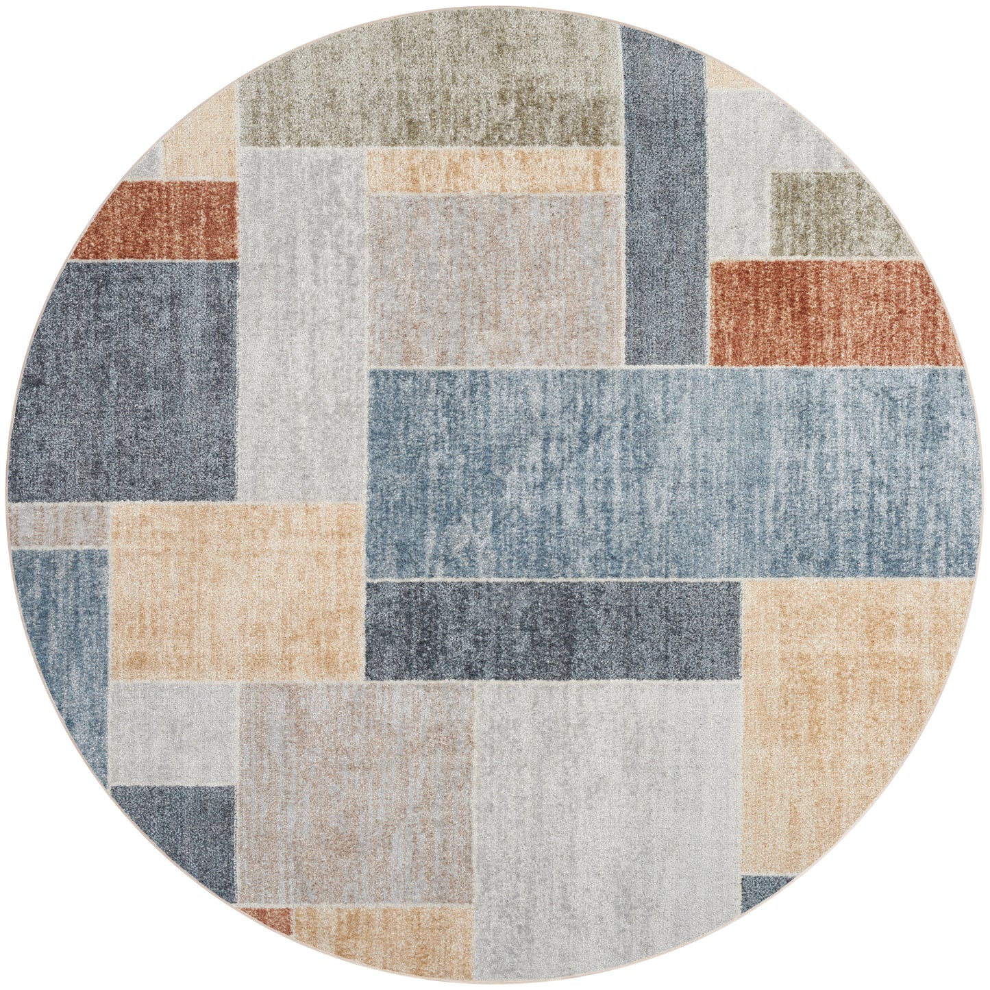 Round patchwork area rug with rectangular blocks in muted blues, beiges, creams, grays, and rust tones.