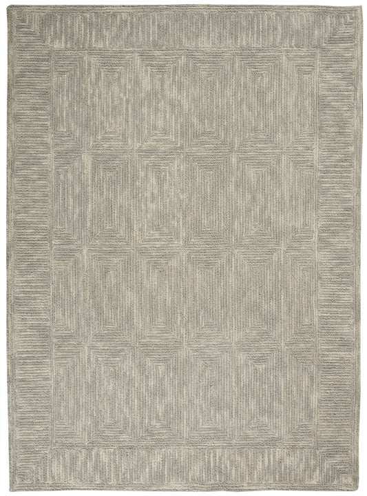 Beige-gray low-pile area rug with a geometric nested-square pattern and a bordered edge.
