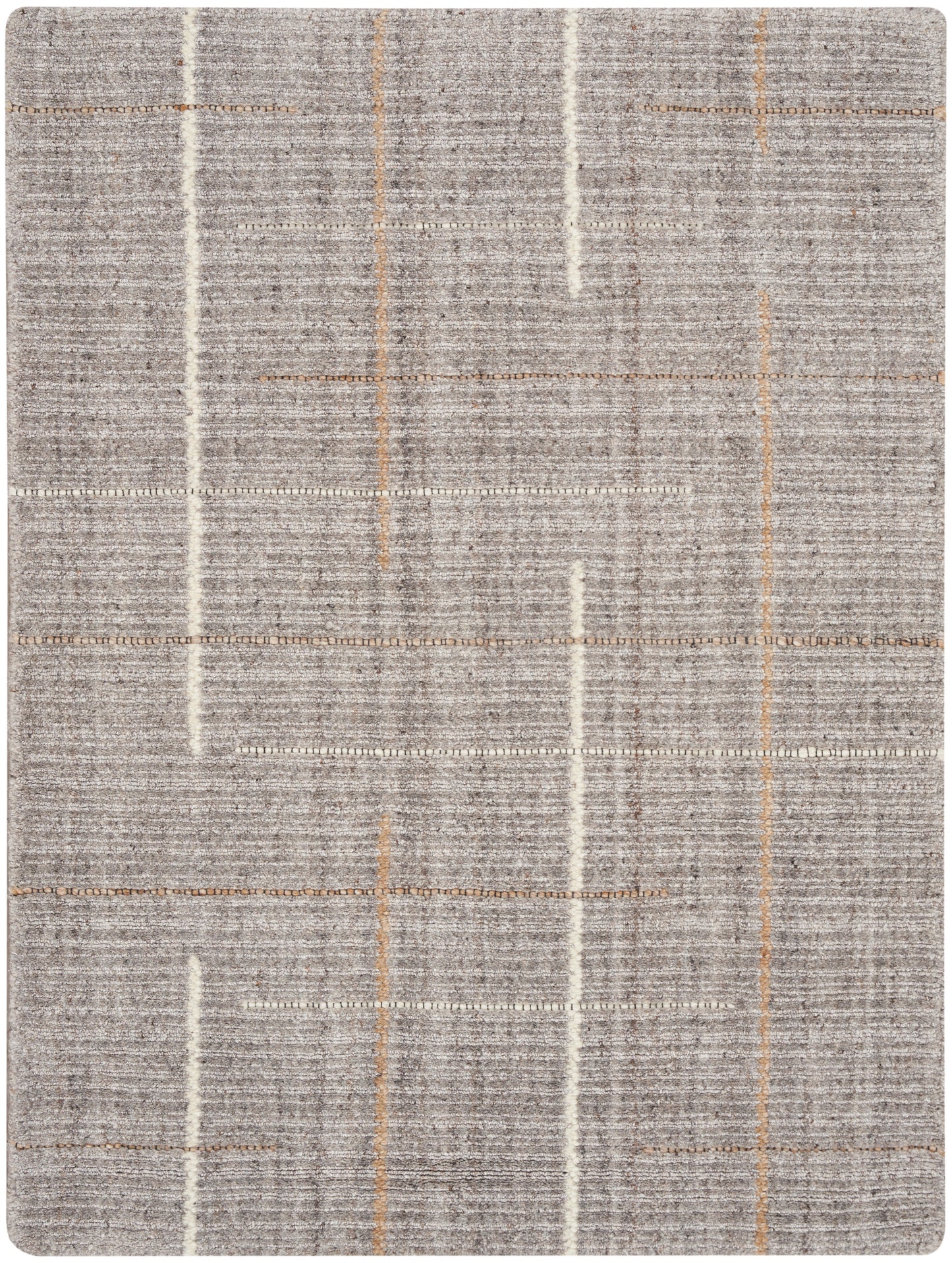 Gray woven area rug with thin white and orange lines forming a subtle geometric grid.