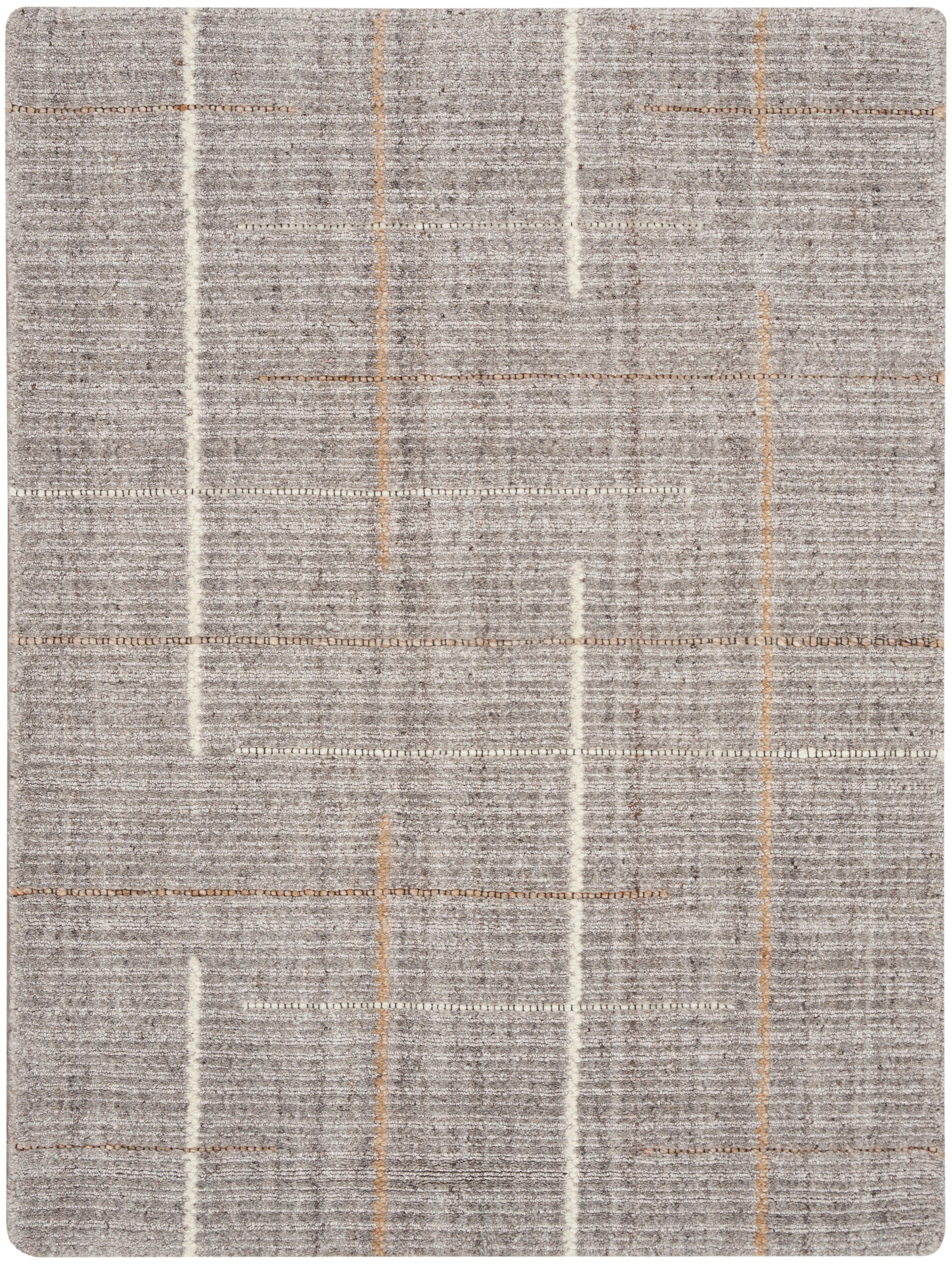 Gray woven area rug with thin white and orange lines forming a subtle geometric grid.