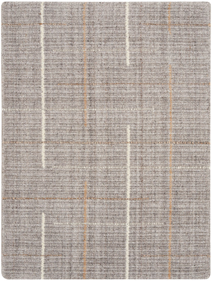 Gray woven area rug with thin white and orange lines forming a subtle geometric grid.
