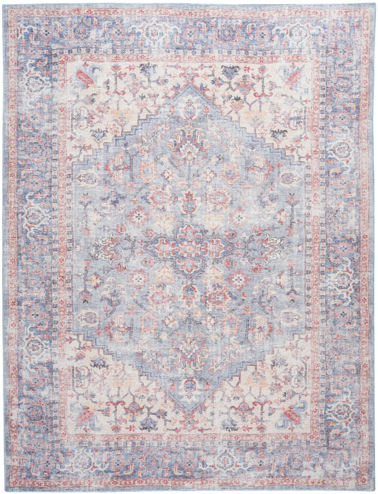 Pastel blue Persian-style area rug with central medallion, ivory/pink florals, distressed vintage look and ornate borders.