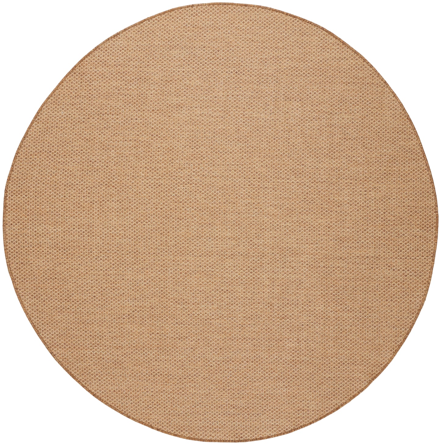 Round natural beige jute placemat with tight woven texture for rustic table setting.