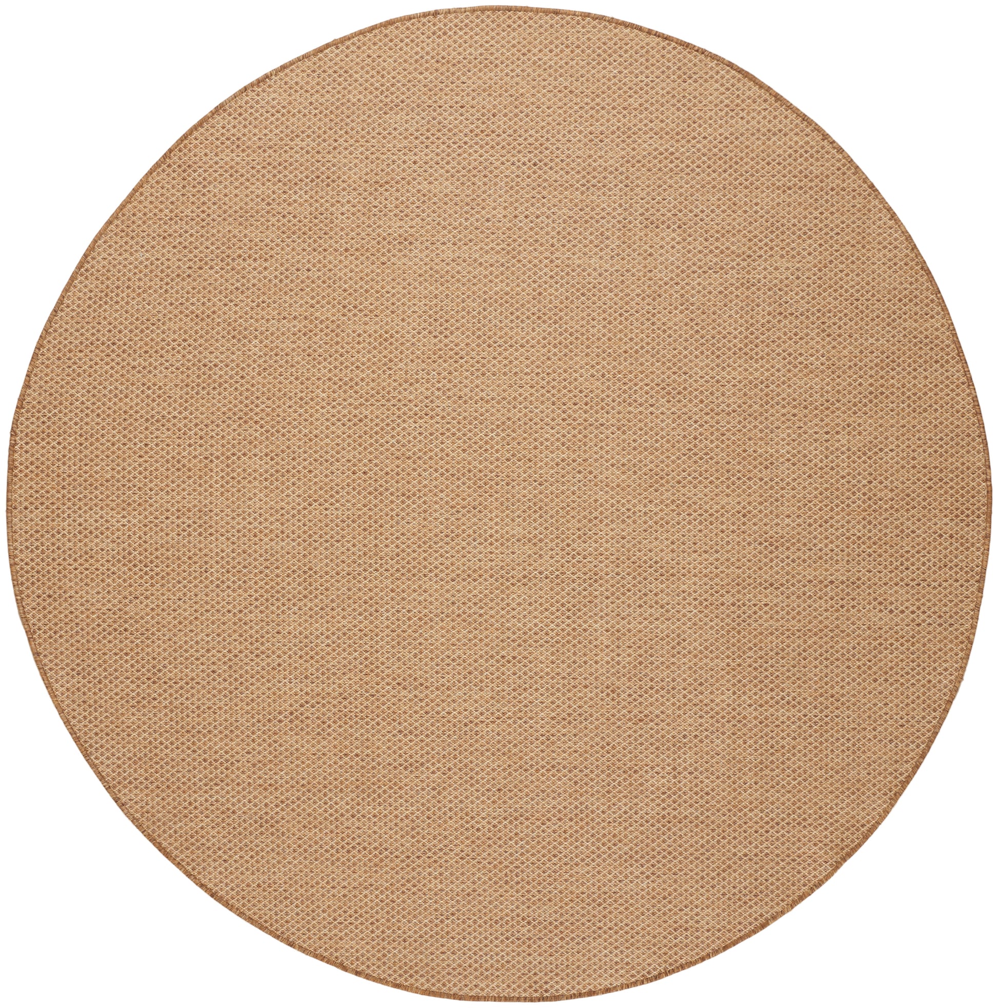 Round natural beige jute placemat with tight woven texture for rustic table setting.