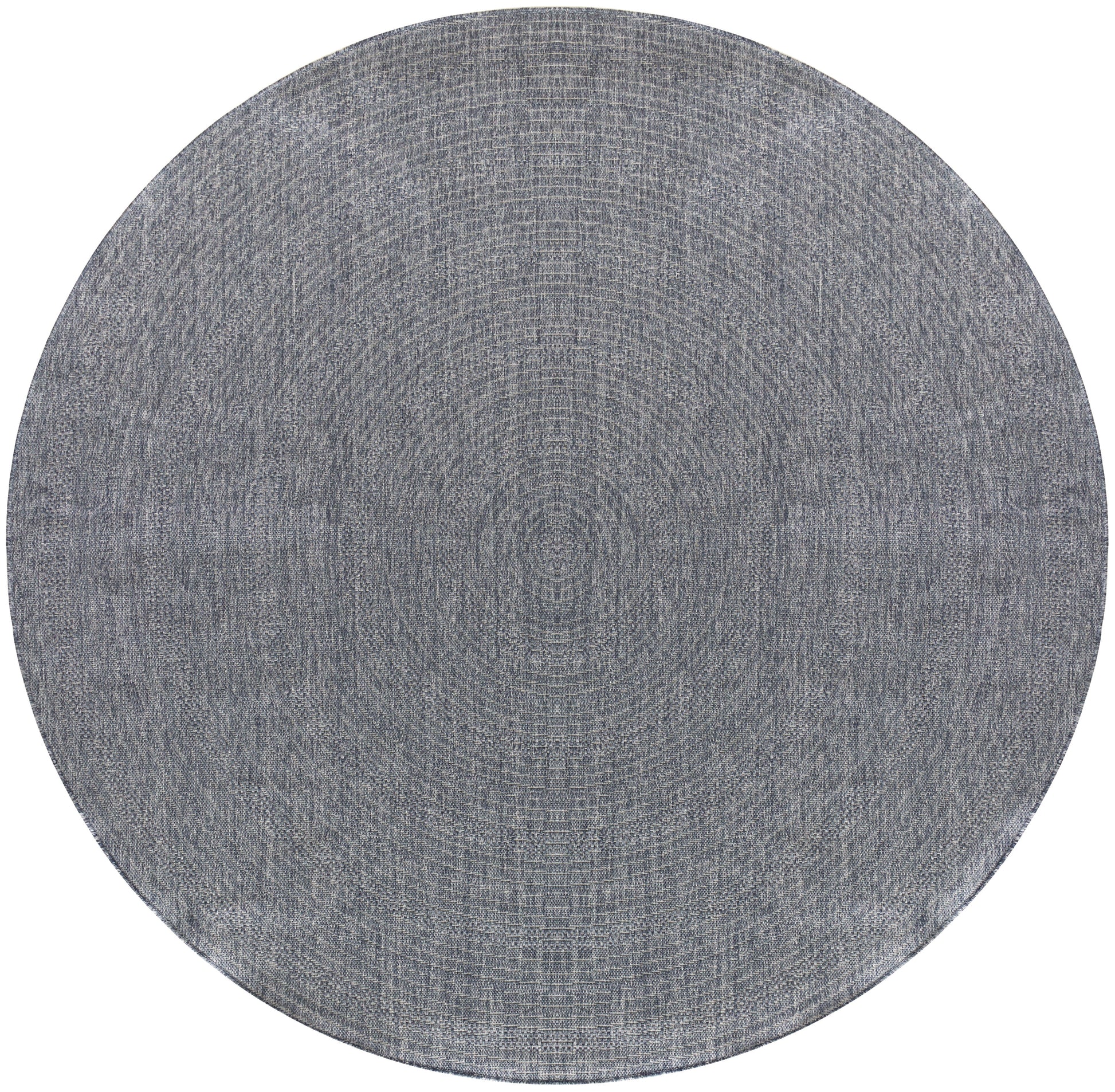 Round blue-gray woven rug with subtle heather texture and concentric ring pattern.