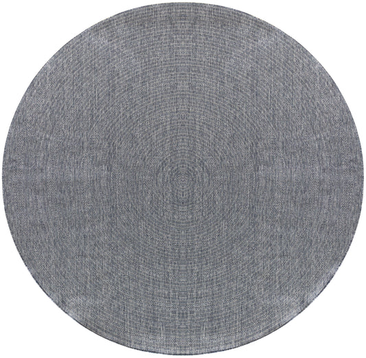 Round blue-gray woven rug with subtle heather texture and concentric ring pattern.