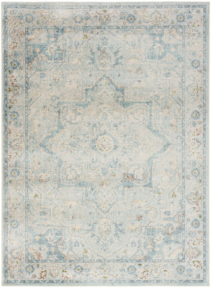 Pastel blue distressed Oriental rug with central medallion, ivory floral border, vintage shabby-chic style.