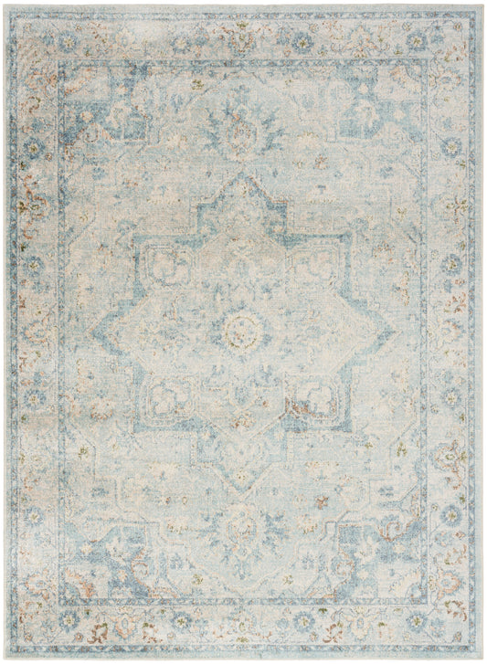 Pastel blue distressed Oriental rug with central medallion, ivory floral border, vintage shabby-chic style.