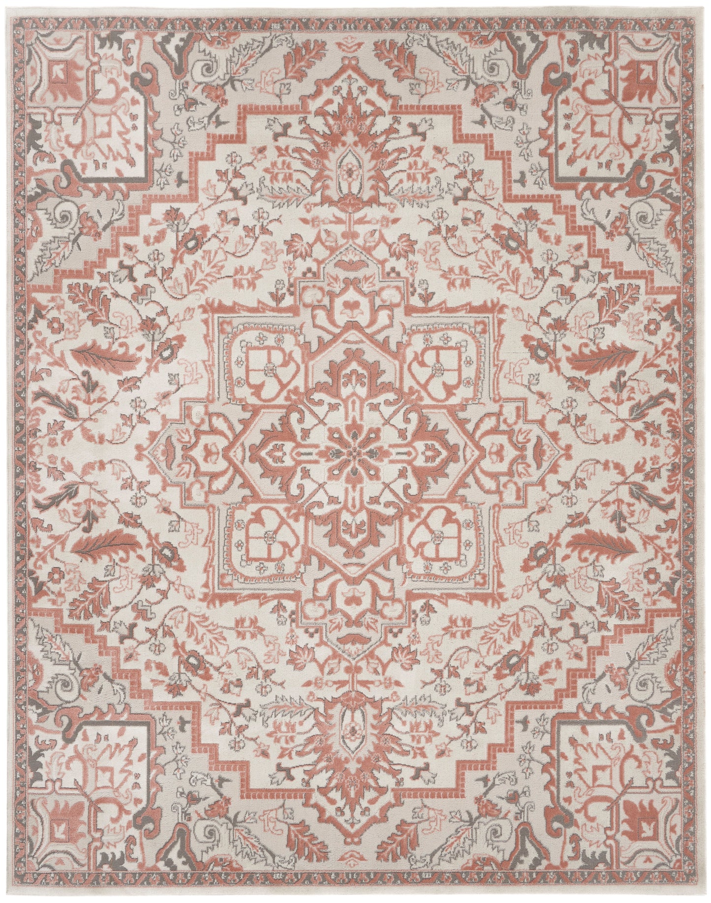 Ivory rug with pink-red central medallion and floral borders in soft grey, vintage oriental design.