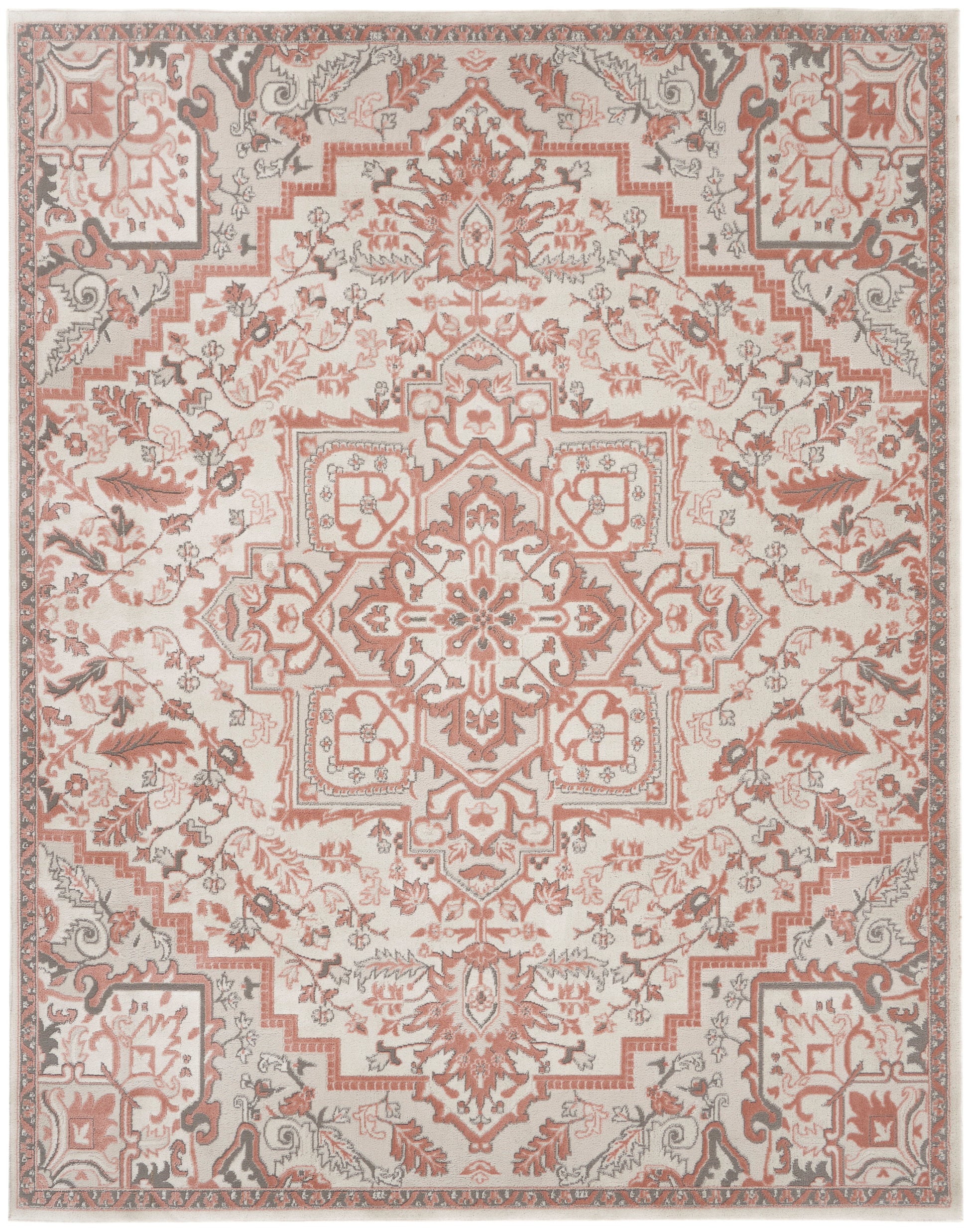 Ivory rug with pink-red central medallion and floral borders in soft grey, vintage oriental design.