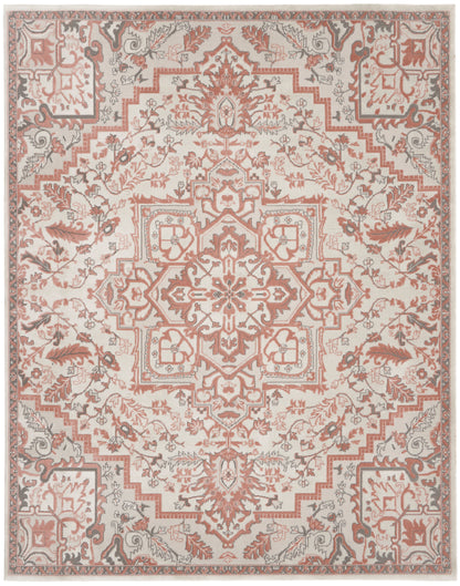 Ivory rug with pink-red central medallion and floral borders in soft grey, vintage oriental design.