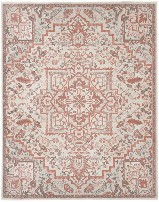 Ivory rug with pink-red central medallion and floral borders in soft grey, vintage oriental design.