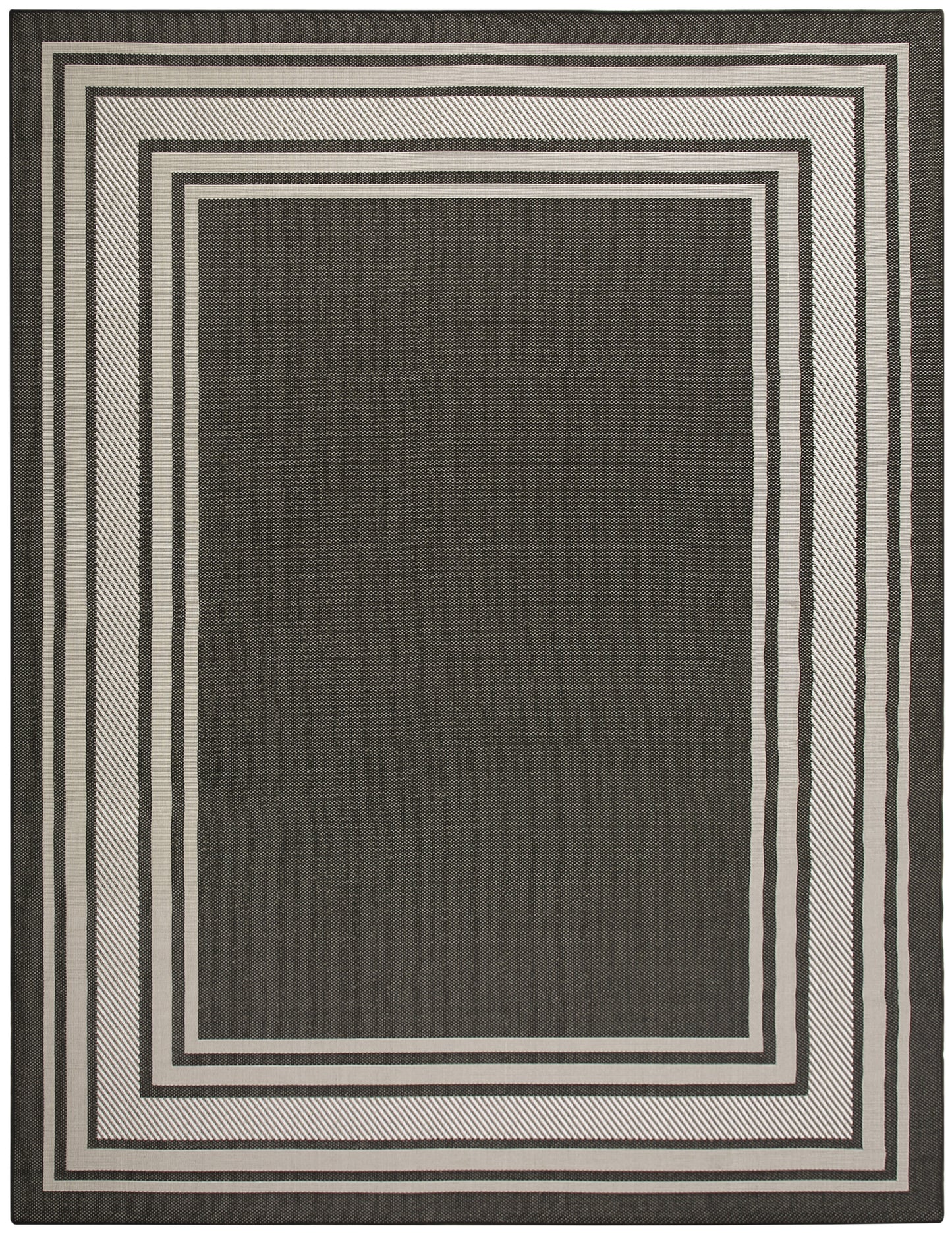 Rectangular rug with a dark charcoal center and concentric light-gray and black border rings in a modern geometric design.