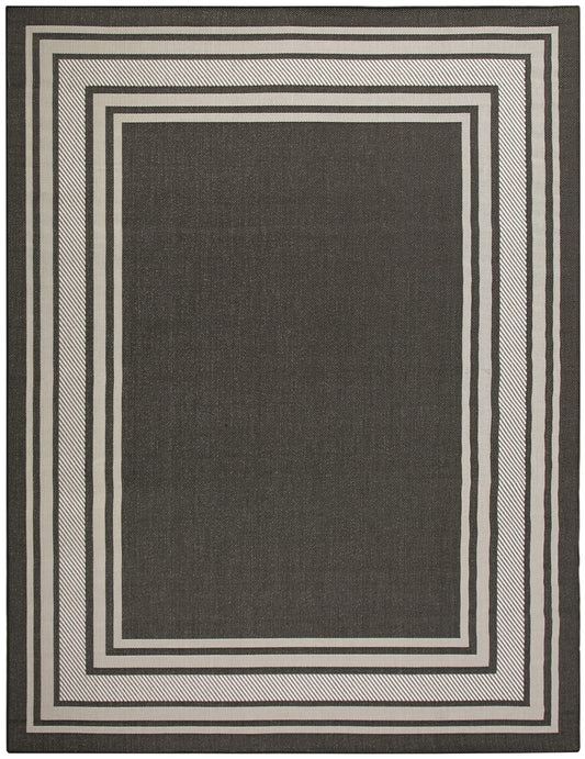 Rectangular rug with a dark charcoal center and concentric light-gray and black border rings in a modern geometric design.