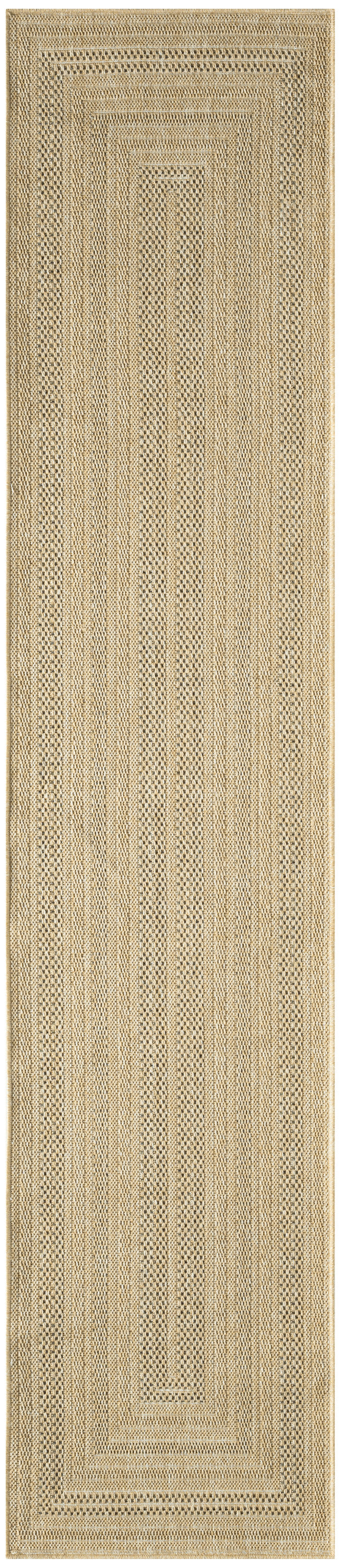 Natural jute runner rug with concentric rectangular borders in beige tones; textured woven home décor.