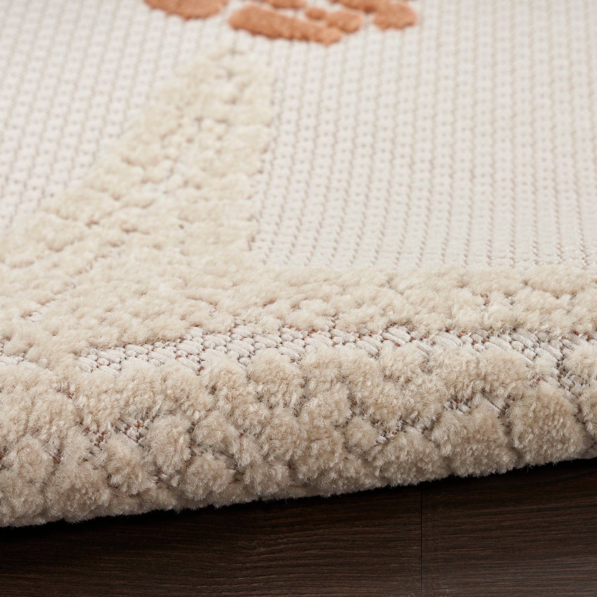 Close-up of cream shag rug with plush border and subtle tan geometric accents.