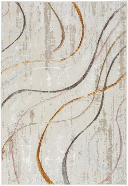 Abstract area rug with flowing curved lines in black, brown, gold, pink on a light beige distressed background.