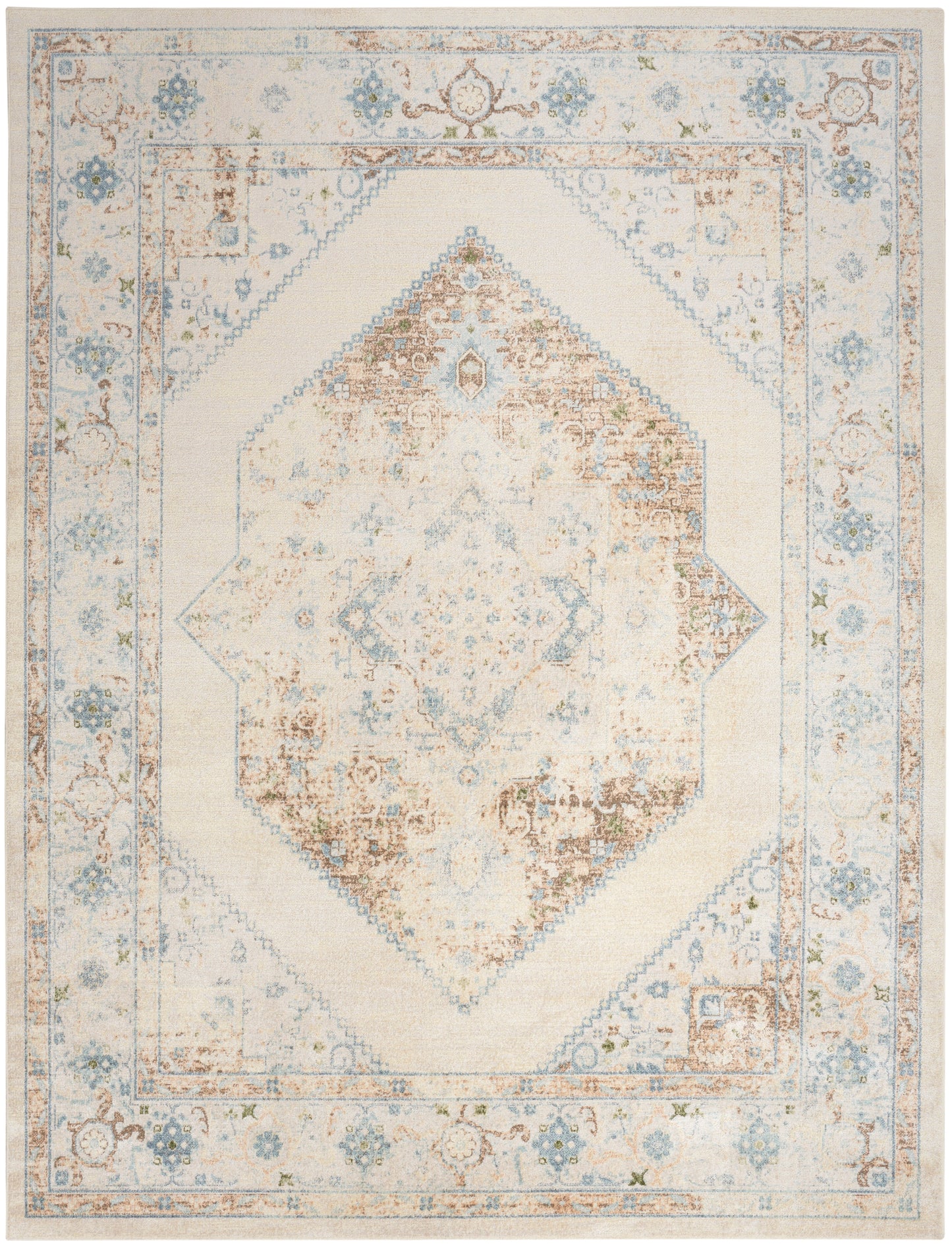 Distressed vintage-style area rug with ivory base, pale blue border, and a central diamond medallion & floral motifs.