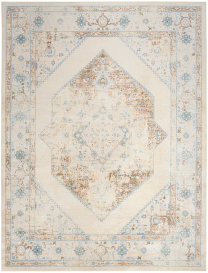 Distressed vintage-style area rug with ivory base, pale blue border, and a central diamond medallion & floral motifs.