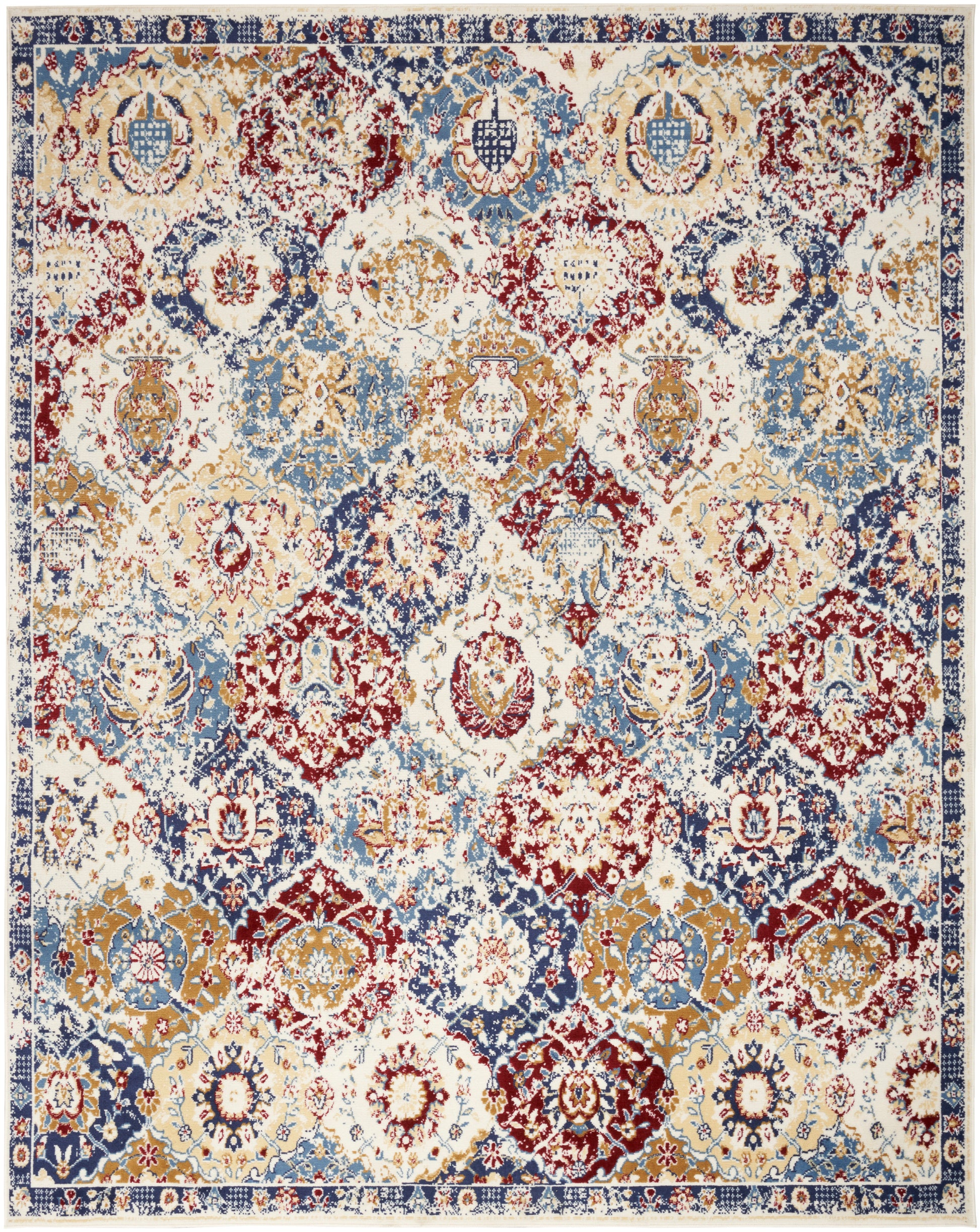 Rectangular Persian-style area rug with a distressed cream background and red, navy, blue, gold floral medallions; border.
