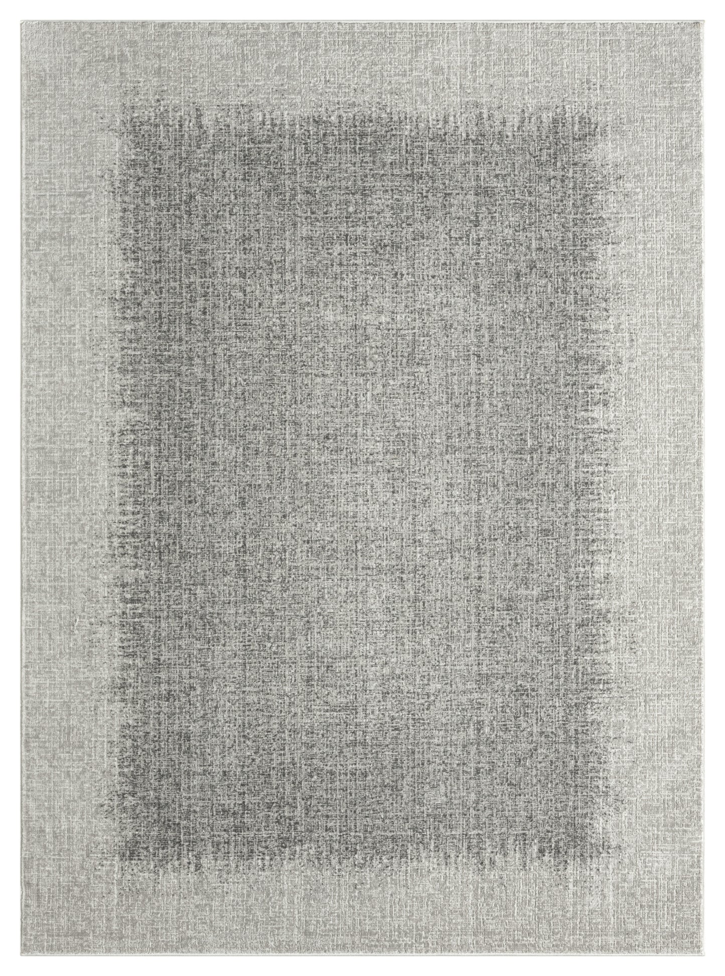Neutral gray rug with a darker rectangular center wash and a textured, linen-like weave.