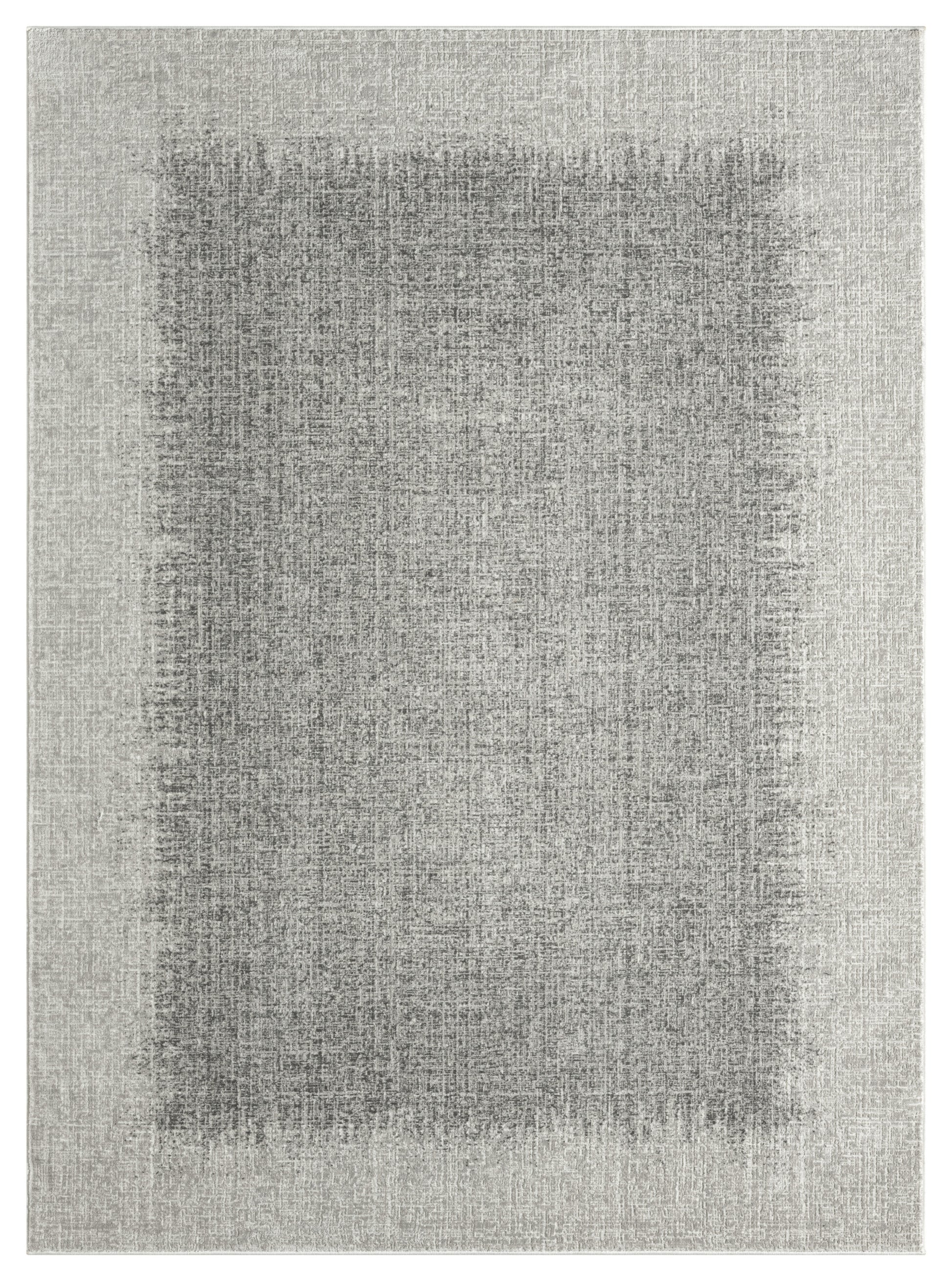 Neutral gray rug with a darker rectangular center wash and a textured, linen-like weave.