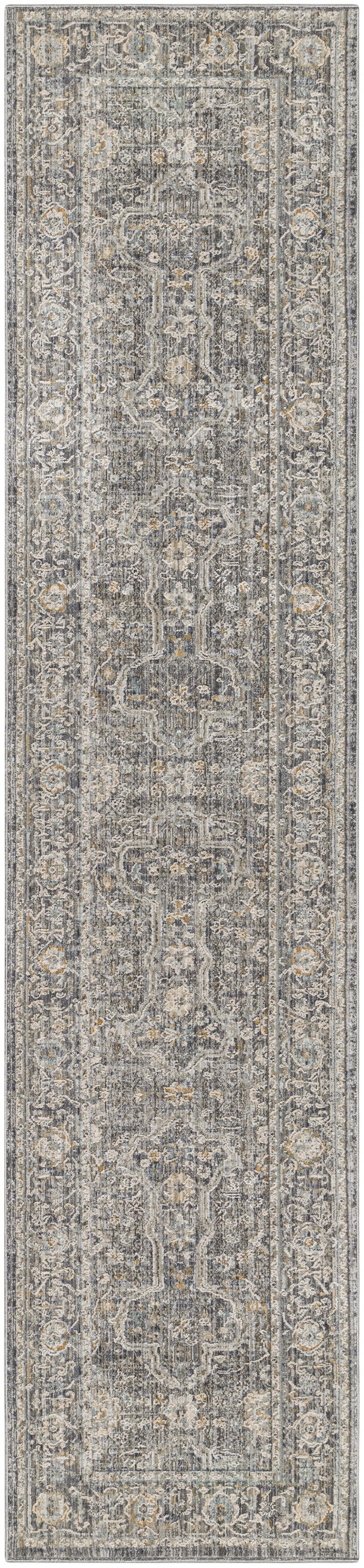 Long gray-toned oriental runner rug with intricate ivory, blue and beige medallions and ornate border.
