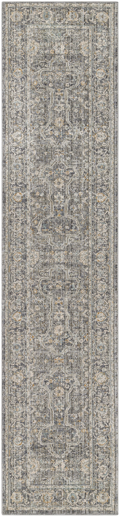 Long gray-toned oriental runner rug with intricate ivory, blue and beige medallions and ornate border.