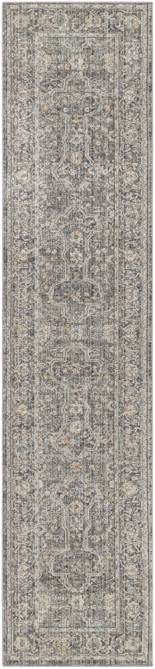 Long gray-toned oriental runner rug with intricate ivory, blue and beige medallions and ornate border.